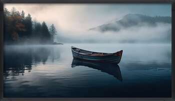 Juliste A lake surrounded by trees and fog at sunset